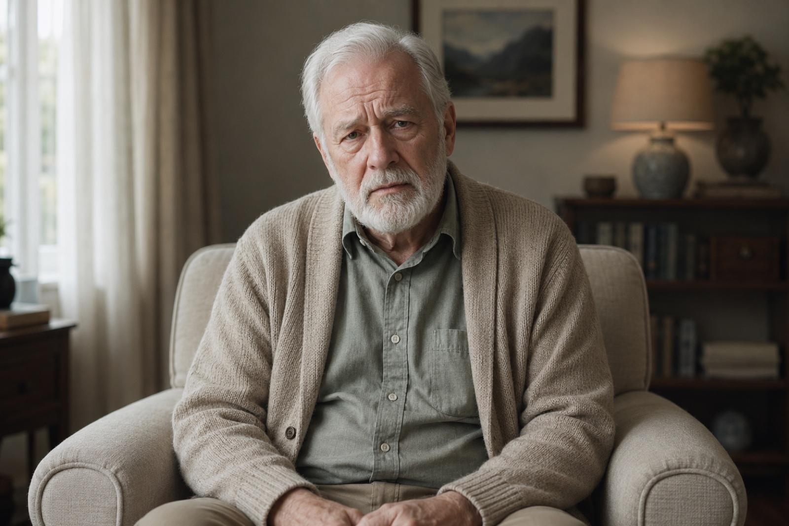 Older man facing forward, tired and uncertain in a quiet home setting