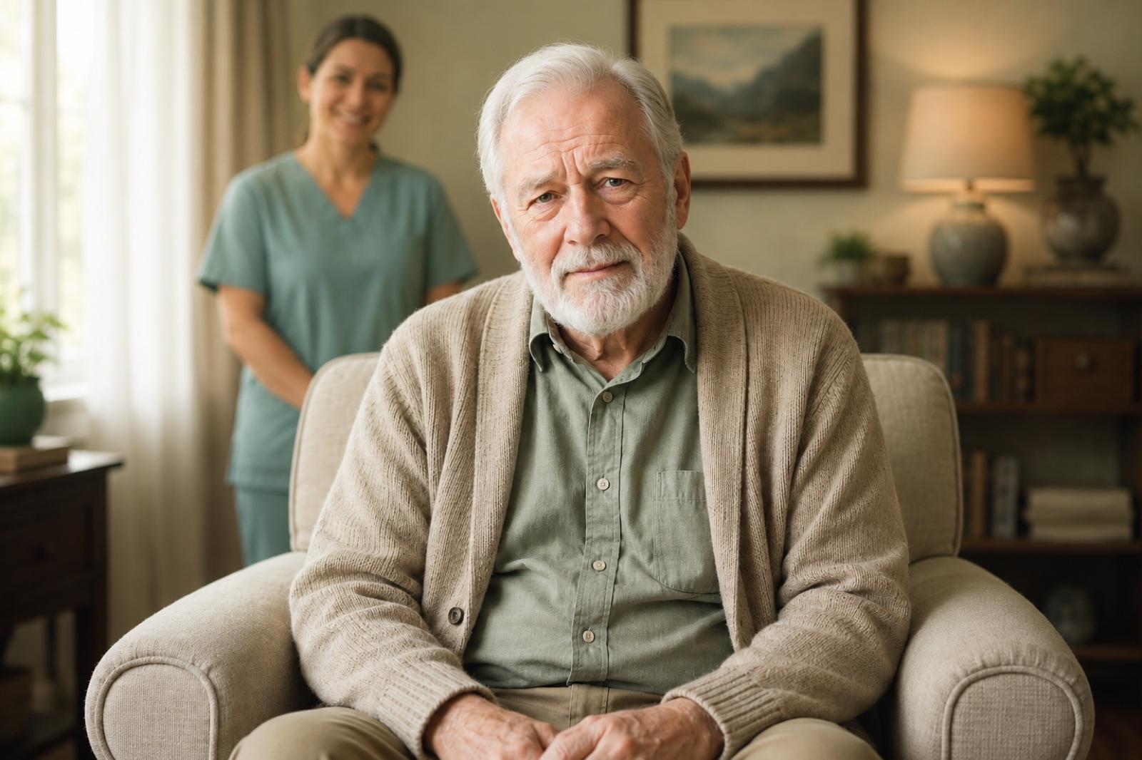 Older man facing forward with a caregiver softly visible in the background