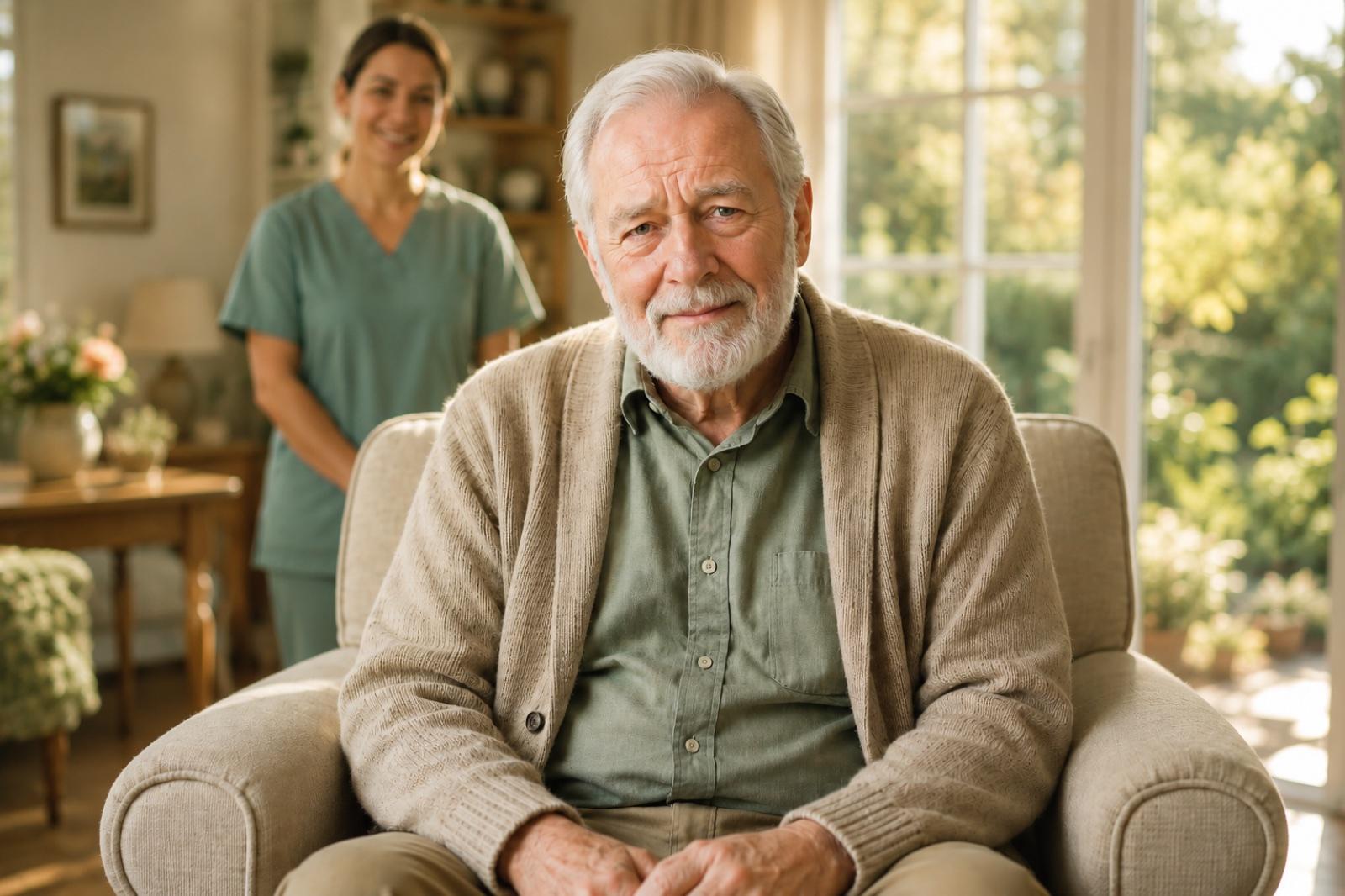 Older man facing forward, calmer and beginning to smile in a warm care home